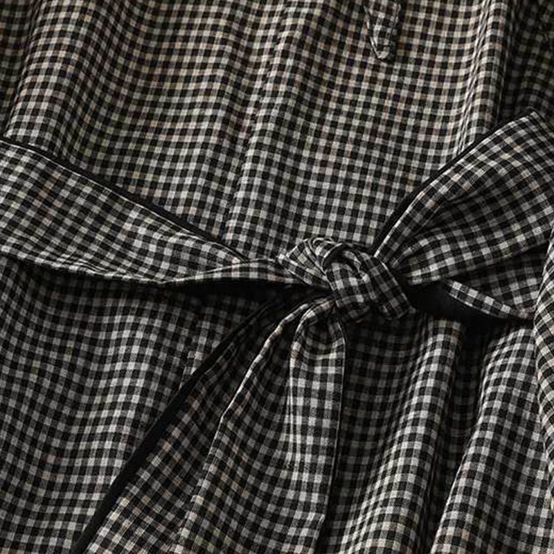 Buddha Stones Fall Black White Plaid High Neck Lace-up Design Long Sleeve Midi Dress With Pockets - image 4