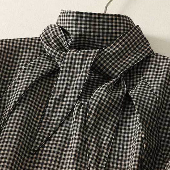 Buddha Stones Fall Black White Plaid High Neck Lace-up Design Long Sleeve Midi Dress With Pockets - image 2