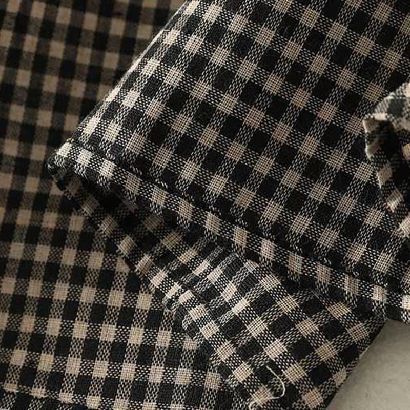 Buddha Stones Fall Black White Plaid High Neck Lace-up Design Long Sleeve Midi Dress With Pockets - image 9