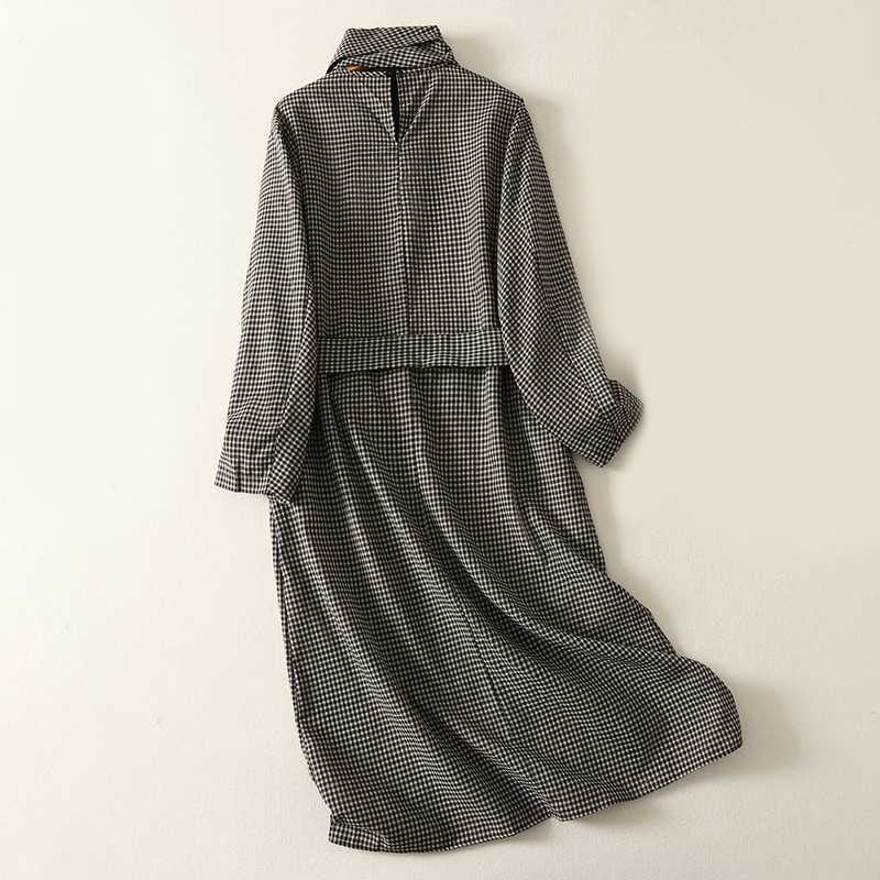 Buddha Stones Fall Black White Plaid High Neck Lace-up Design Long Sleeve Midi Dress With Pockets - image 1