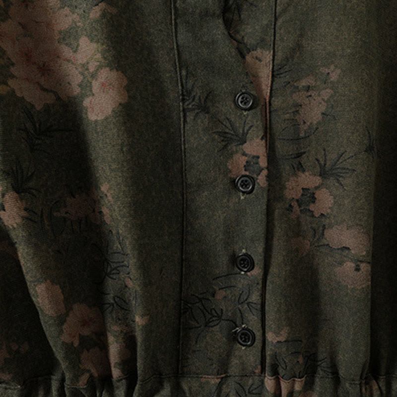 Buddha Stones Casual Flower Printed Pattern Buttons Design Long Sleeve Midi Dress With Pockets - image 2