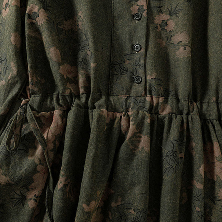 Buddha Stones Casual Flower Printed Pattern Buttons Design Long Sleeve Midi Dress With Pockets - image 5