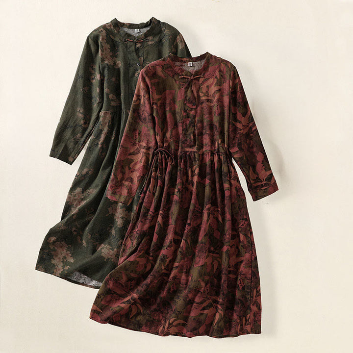 Buddha Stones Casual Flower Printed Pattern Buttons Design Long Sleeve Midi Dress With Pockets - image 18