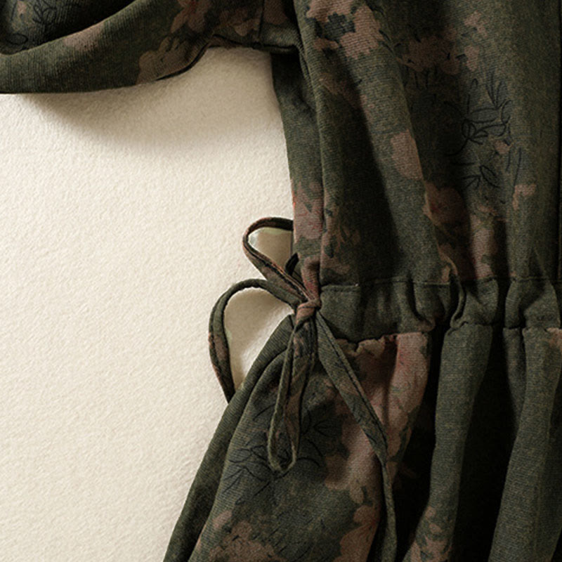 Buddha Stones Casual Flower Printed Pattern Buttons Design Long Sleeve Midi Dress With Pockets - image 3