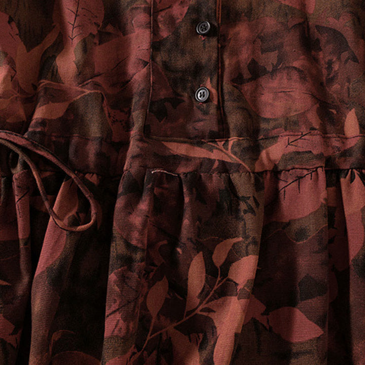 Buddha Stones Casual Flower Printed Pattern Buttons Design Long Sleeve Midi Dress With Pockets - image 12