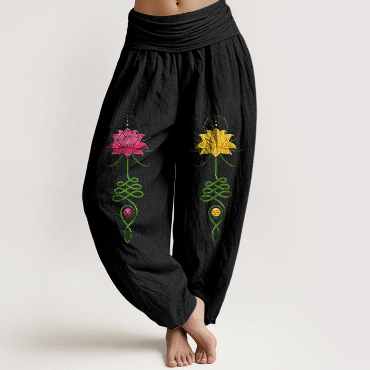 Buddha Stones Pure Cotton Strong Color Contrast Lotus Flower Pattern Women's Elastic Waist Harem Pants - Black - US16，UK/AU20，EU48 (3XL) - image 0