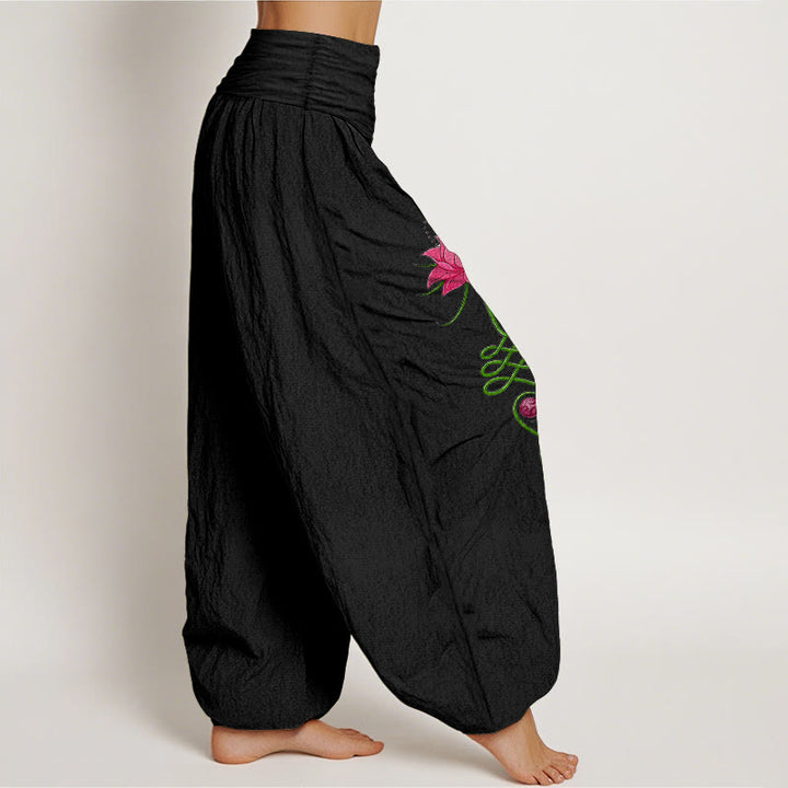 Buddha Stones Pure Cotton Strong Color Contrast Lotus Flower Pattern Women's Elastic Waist Harem Pants - image 2