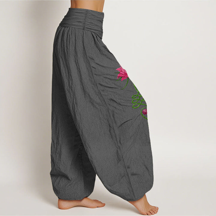 Buddha Stones Pure Cotton Strong Color Contrast Lotus Flower Pattern Women's Elastic Waist Harem Pants - image 10