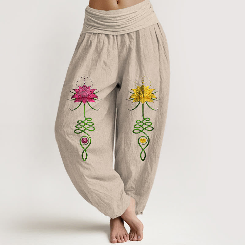 Buddha Stones Pure Cotton Strong Color Contrast Lotus Flower Pattern Women's Elastic Waist Harem Pants - Tan - US16，UK/AU20，EU48 (3XL) - image 11