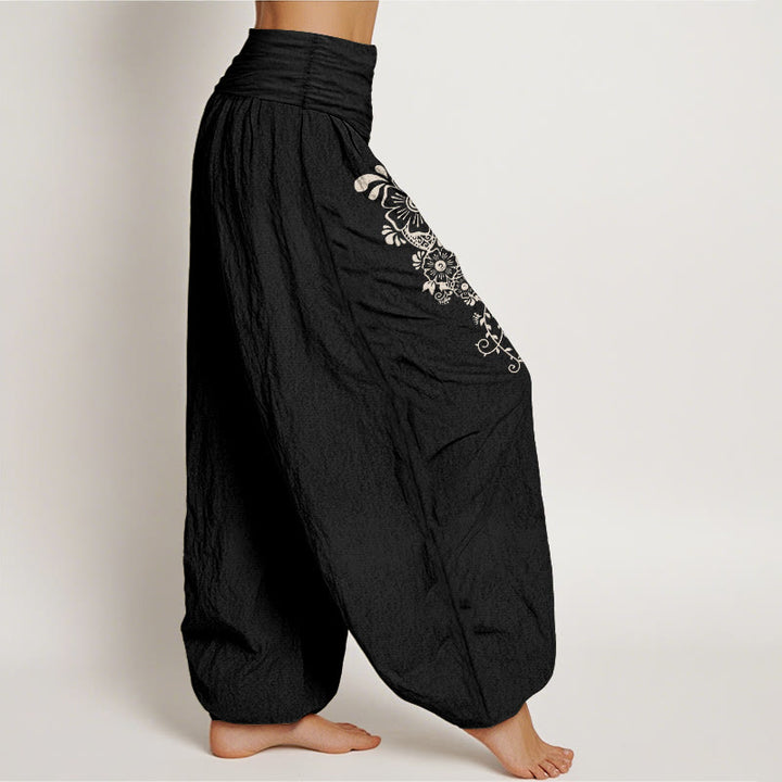 Buddha Stones Pure Cotton Simple Elegant Flower Butterfly Vine Pattern Women's Elastic Waist Harem Pants - image 7
