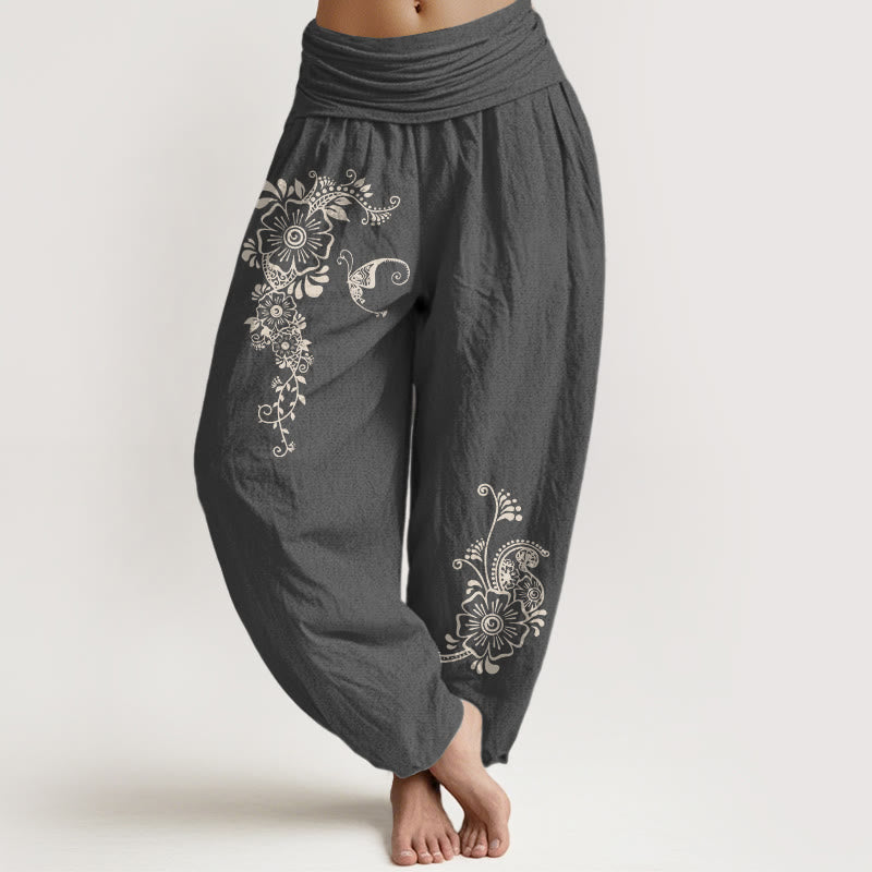 Buddha Stones Pure Cotton Simple Elegant Flower Butterfly Vine Pattern Women's Elastic Waist Harem Pants - DimGray - US16，UK/AU20，EU48 (3XL) - image 8