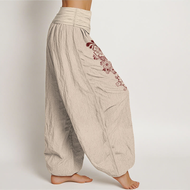 Buddha Stones Pure Cotton Simple Elegant Flower Butterfly Vine Pattern Women's Elastic Waist Harem Pants - image 13