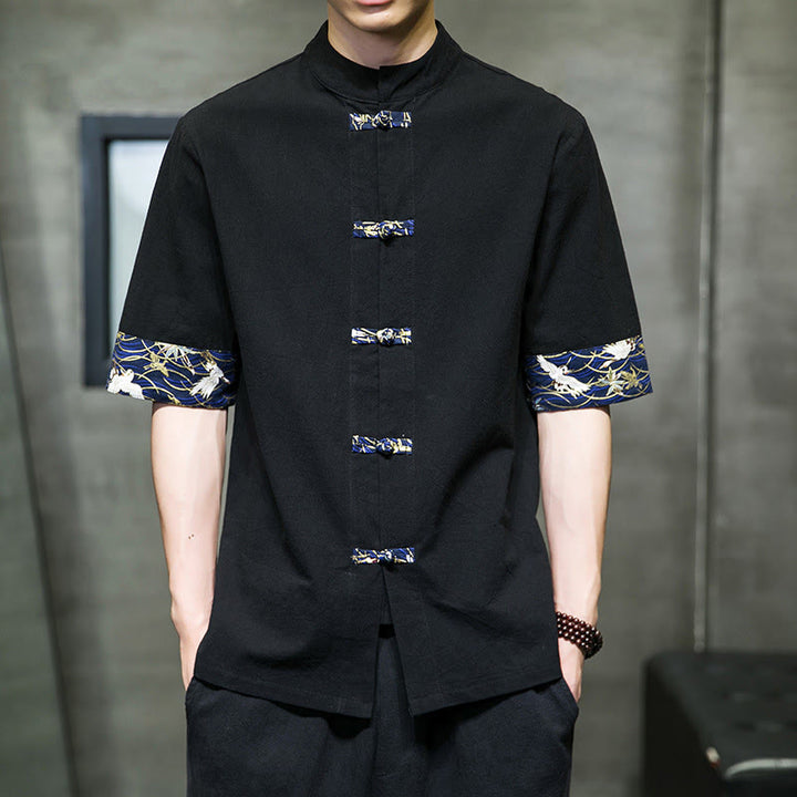 Buddha Stones Solid Color Frog-Button Stand Collar Men's Short Sleeve White Crane Cotton Linen Shirt - Black - US/UK/AU46，EU56 (5XL) - image 0