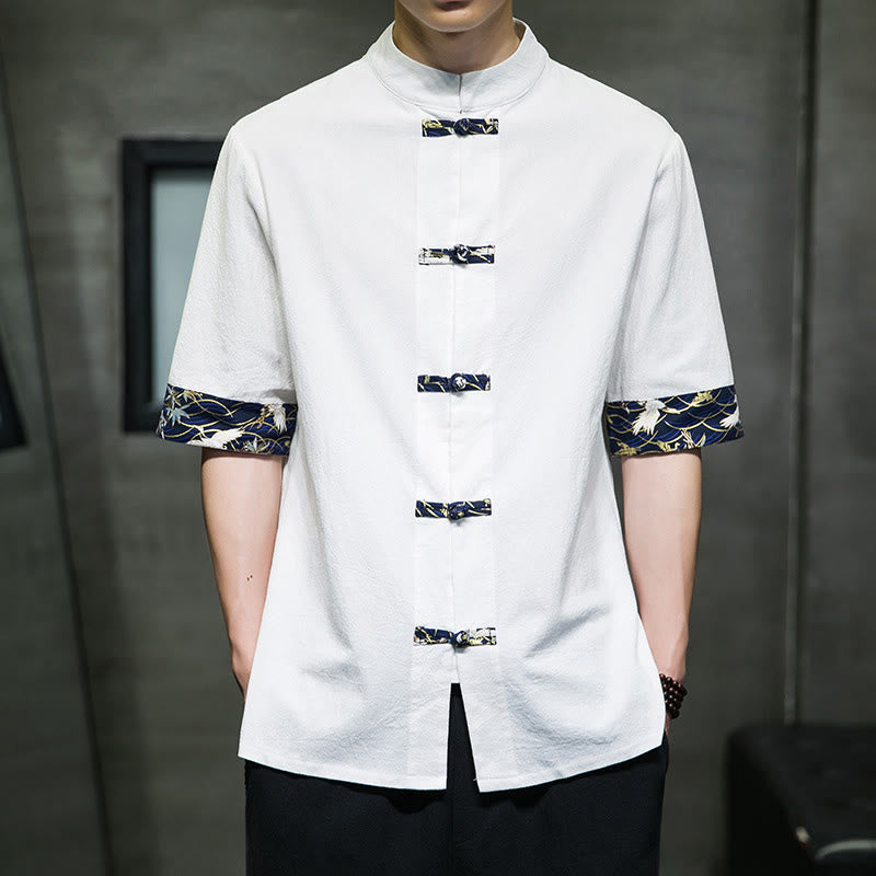 Buddha Stones Solid Color Frog-Button Stand Collar Men's Short Sleeve White Crane Cotton Shirt - White - US/UK/AU46，EU56 (5XL) - image 9