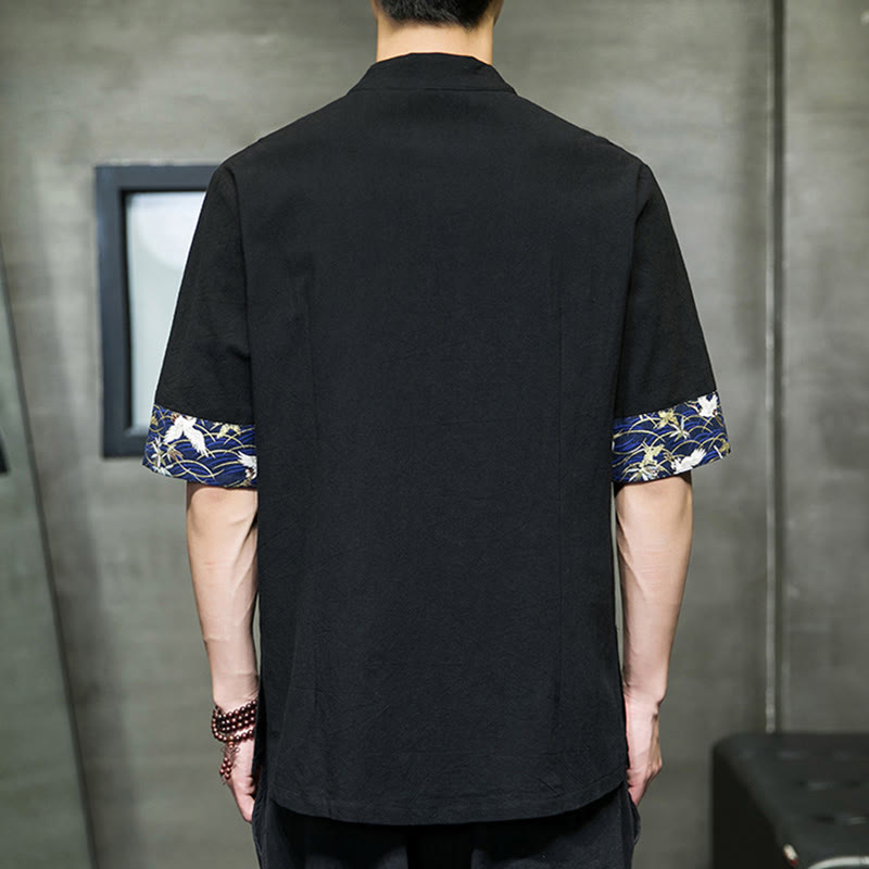 Buddha Stones Solid Color Frog-Button Stand Collar Men's Short Sleeve White Crane Cotton Linen Shirt - image 3