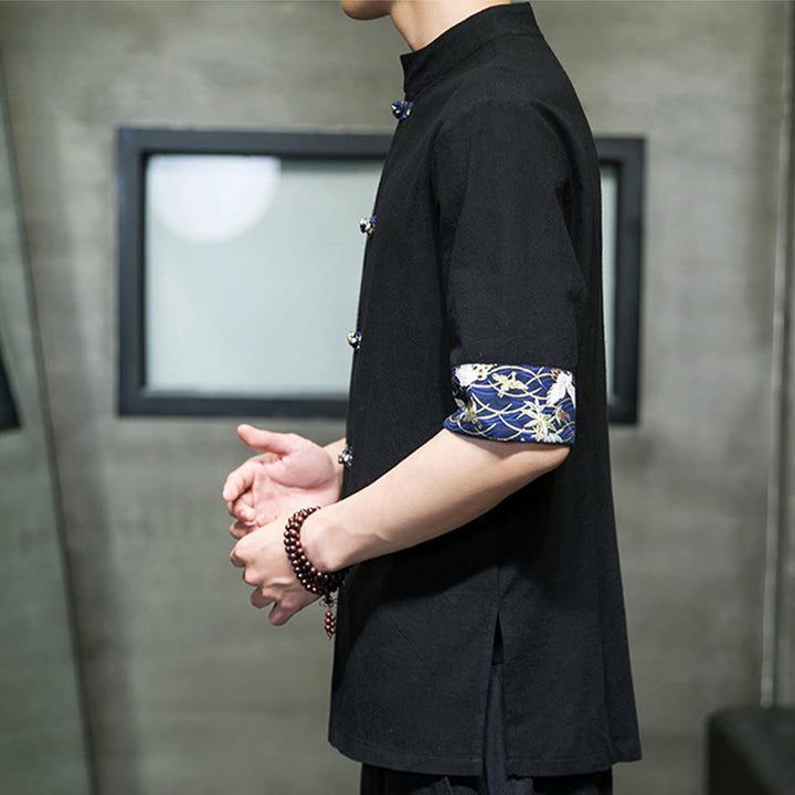 Buddha Stones Solid Color Frog-Button Stand Collar Men's Short Sleeve White Crane Cotton Linen Shirt - image 6