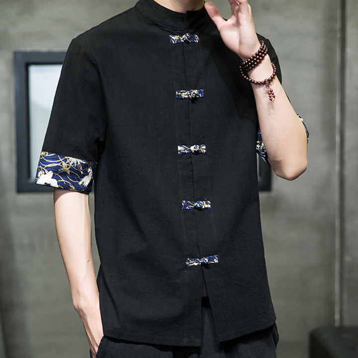 Buddha Stones Solid Color Frog-Button Stand Collar Men's Short Sleeve White Crane Cotton Shirt - image 4