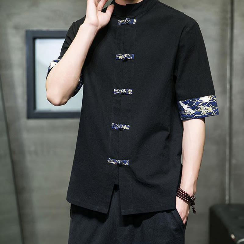 Buddha Stones Solid Color Frog-Button Stand Collar Men's Short Sleeve White Crane Cotton Linen Shirt - image 2