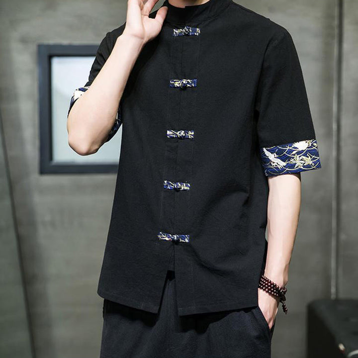 Buddha Stones Solid Color Frog-Button Stand Collar Men's Short Sleeve White Crane Cotton Linen Shirt - image 2