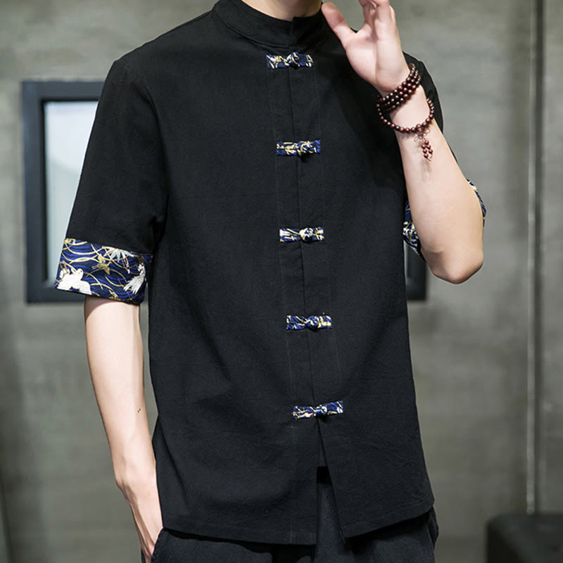 Buddha Stones Solid Color Frog-Button Stand Collar Men's Short Sleeve White Crane Cotton Linen Shirt - image 4