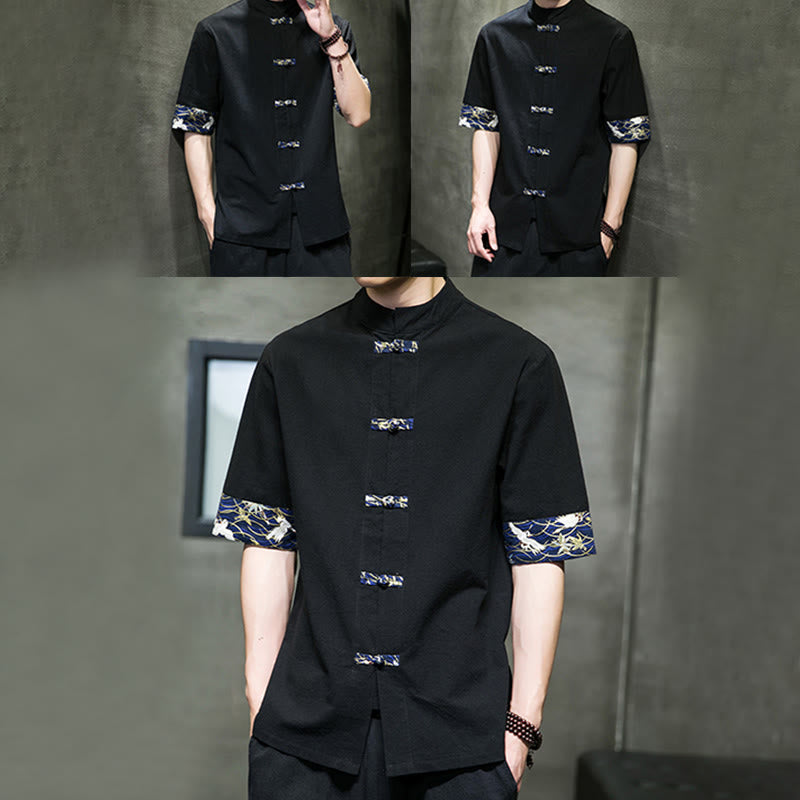 Buddha Stones Solid Color Frog-Button Stand Collar Men's Short Sleeve White Crane Cotton Linen Shirt - image 8