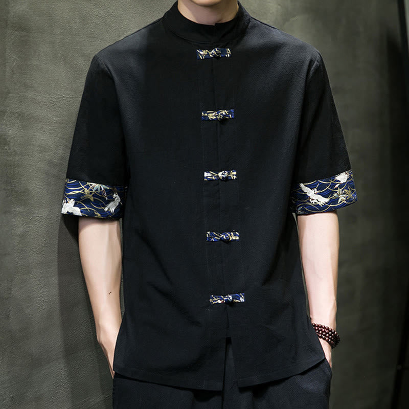 Buddha Stones Solid Color Frog-Button Stand Collar Men's Short Sleeve White Crane Cotton Linen Shirt - image 1