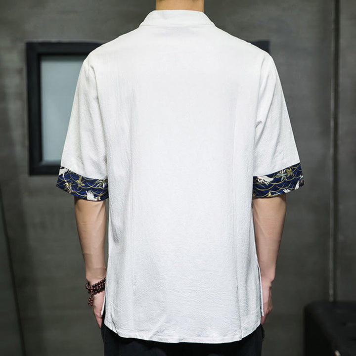 Buddha Stones Solid Color Frog-Button Stand Collar Men's Short Sleeve White Crane Cotton Linen Shirt - image 12