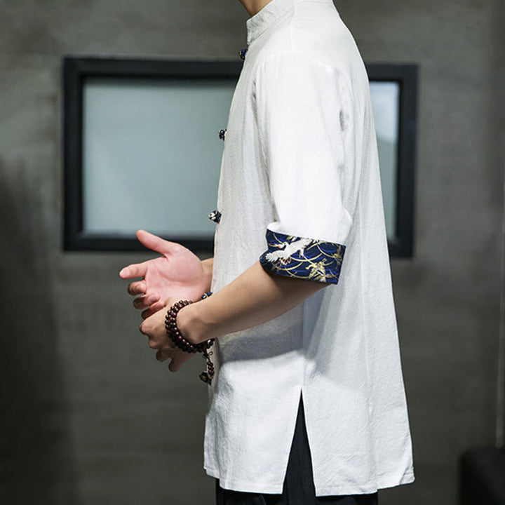 Buddha Stones Solid Color Frog-Button Stand Collar Men's Short Sleeve White Crane Cotton Linen Shirt - image 14