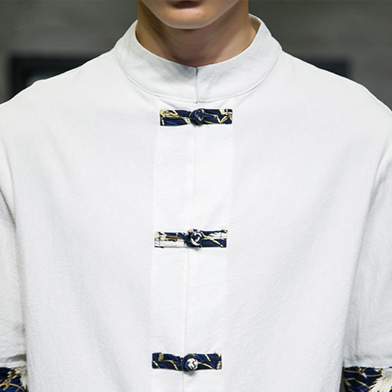 Buddha Stones Solid Color Frog-Button Stand Collar Men's Short Sleeve White Crane Cotton Linen Shirt - image 16