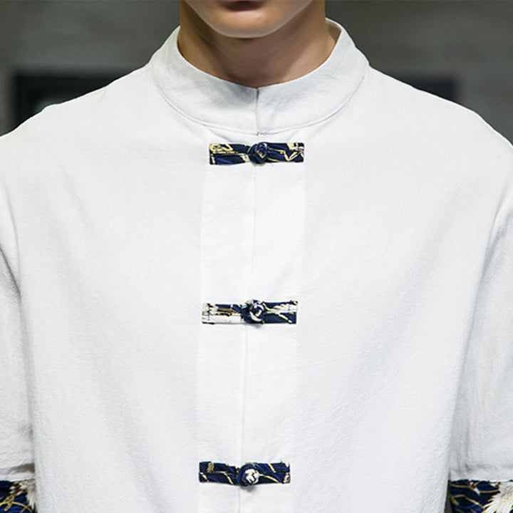 Buddha Stones Solid Color Frog-Button Stand Collar Men's Short Sleeve White Crane Cotton Linen Shirt - image 16