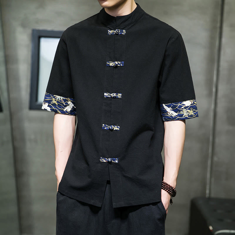 Buddha Stones Solid Color Frog-Button Stand Collar Men's Short Sleeve White Crane Cotton Linen Shirt - image 5