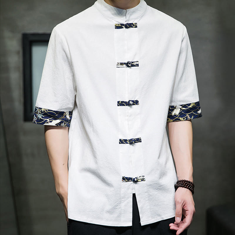 Buddha Stones Solid Color Frog-Button Stand Collar Men's Short Sleeve White Crane Cotton Linen Shirt - image 11