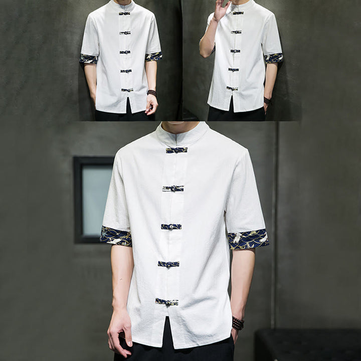 Buddha Stones Solid Color Frog-Button Stand Collar Men's Short Sleeve White Crane Cotton Shirt - image 15