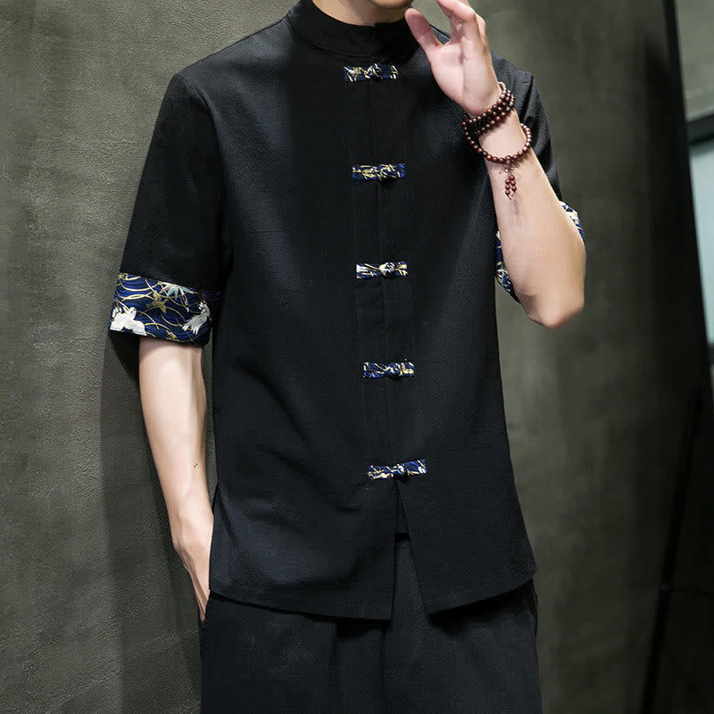 Buddha Stones Solid Color Frog-Button Stand Collar Men's Short Sleeve White Crane Cotton Linen Shirt - image 7