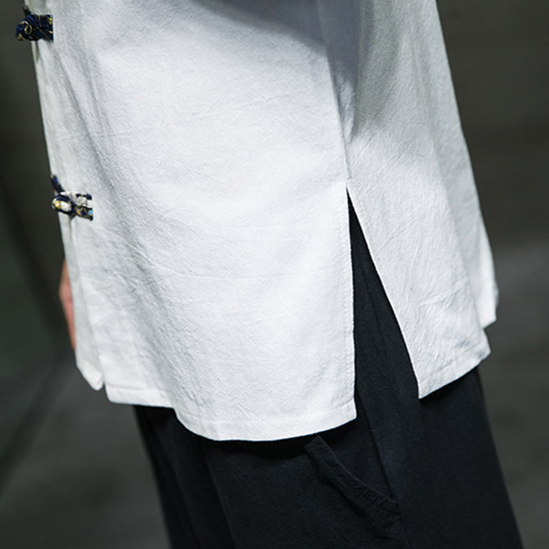 Buddha Stones Solid Color Frog-Button Stand Collar Men's Short Sleeve White Crane Cotton Linen Shirt - image 18