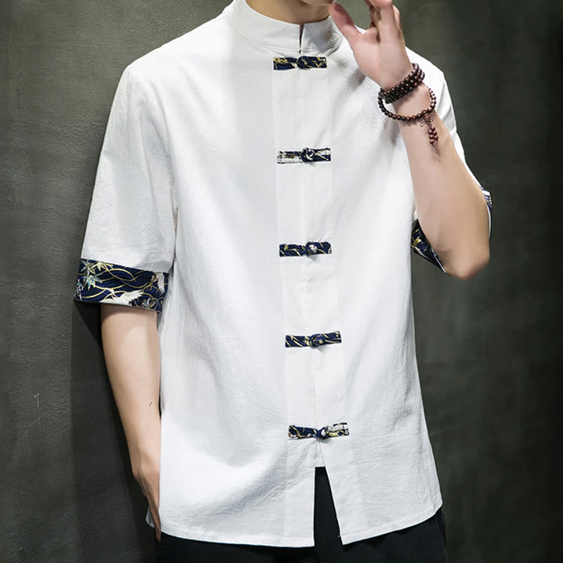 Buddha Stones Solid Color Frog-Button Stand Collar Men's Short Sleeve White Crane Cotton Shirt - image 13