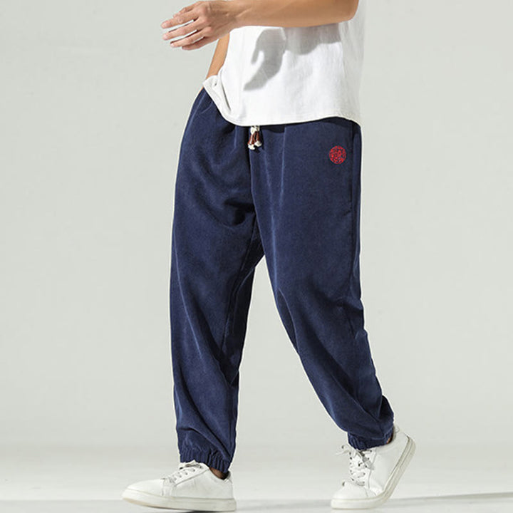 Buddha Stones Fall Plain Corduroy Embroidery Design Men's Harem Pants With Pockets - image 0