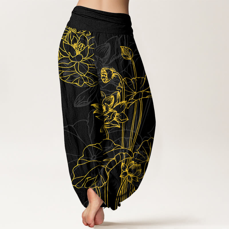 Buddha Stones Pure Cotton Concise Lotus Flower Leaf Pod Bud Pattern Women's Elastic Waist Harem Pants - image 9