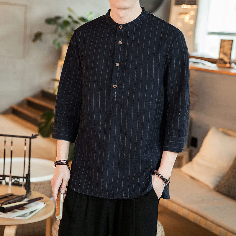 Buddha Stones Plaid Half Buttons Stand Collar Three Quarter Sleeve Linen Men's Shirt - SteelBlue - US/UK/AU50，EU60 (5XL) - image 0