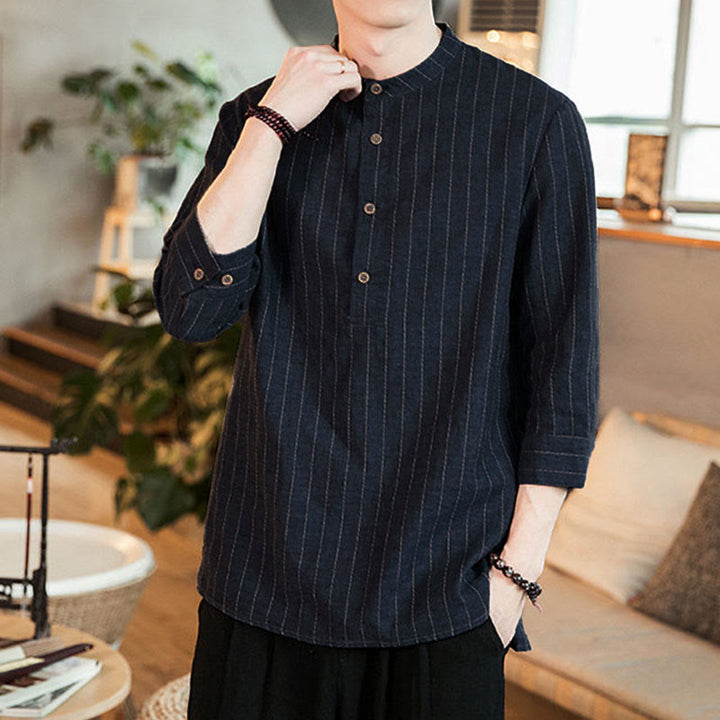 Buddha Stones Plaid Half Buttons Stand Collar Three Quarter Sleeve Linen Men's Shirt - image 2