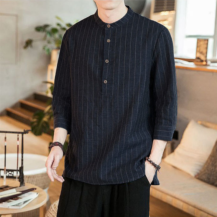 Buddha Stones Plaid Half Buttons Stand Collar Three Quarter Sleeve Linen Men's Shirt - image 1