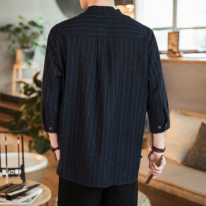 Buddha Stones Plaid Half Buttons Stand Collar Three Quarter Sleeve Linen Men's Shirt - image 3