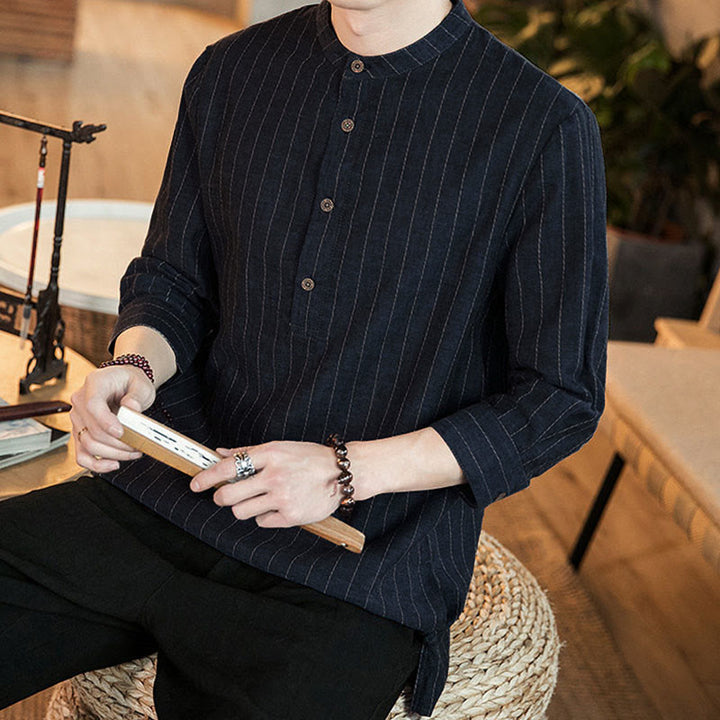 Buddha Stones Plaid Half Buttons Stand Collar Three Quarter Sleeve Linen Men's Shirt - image 7