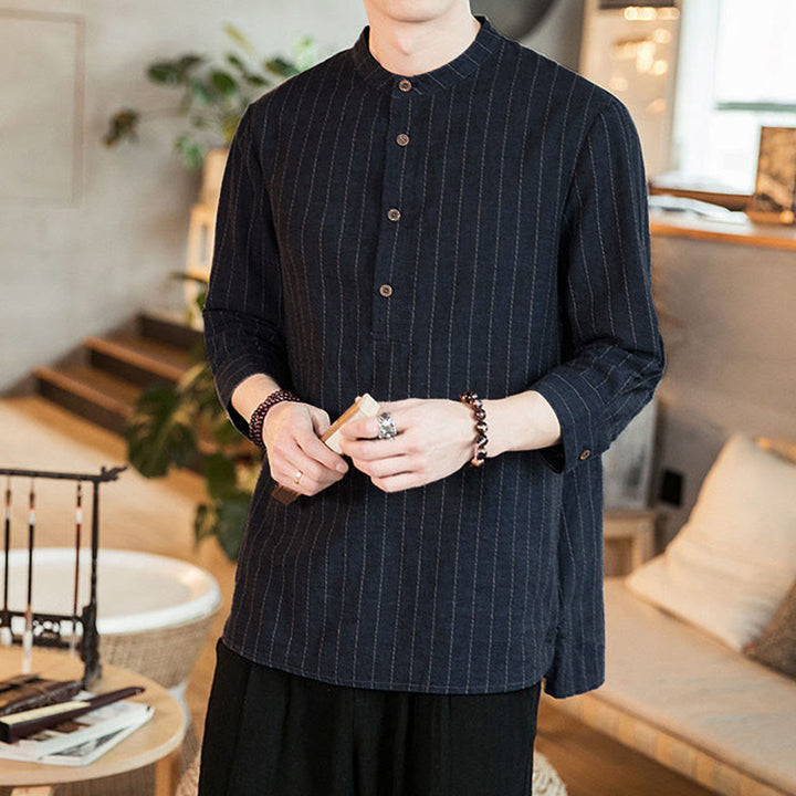 Buddha Stones Plaid Half Buttons Stand Collar Three Quarter Sleeve Linen Men's Shirt - image 4