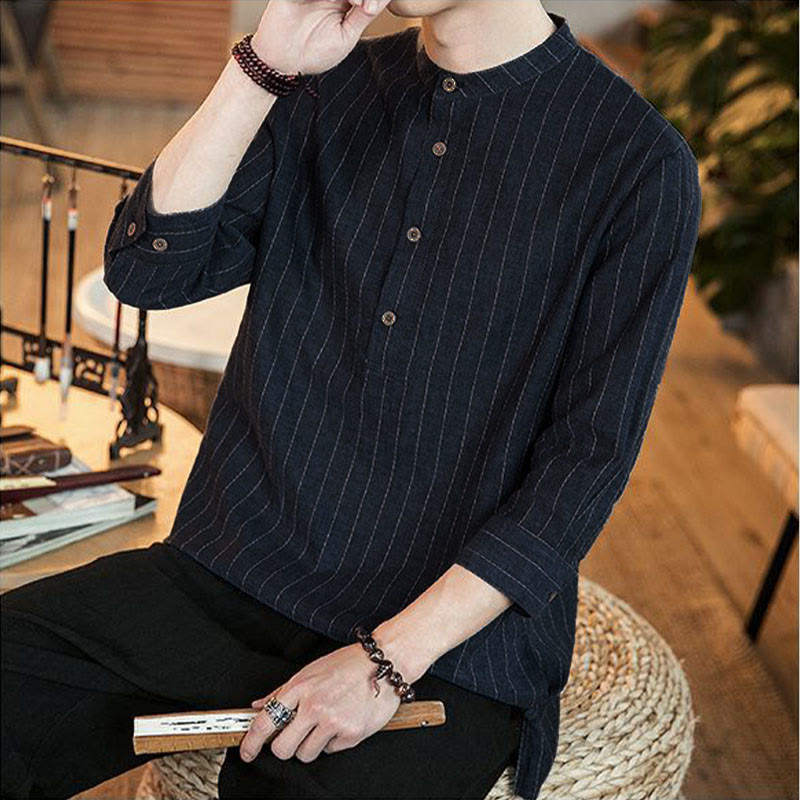 Buddha Stones Plaid Half Buttons Stand Collar Three Quarter Sleeve Linen Men's Shirt - image 8