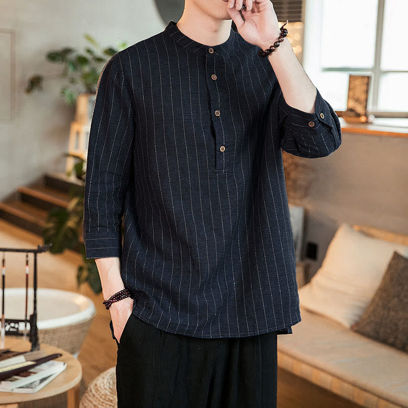 Buddha Stones Plaid Half Buttons Stand Collar Three Quarter Sleeve Linen Men's Shirt - image 5