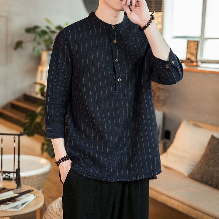 Buddha Stones Plaid Half Buttons Stand Collar Three Quarter Sleeve Linen Men's Shirt - image 5