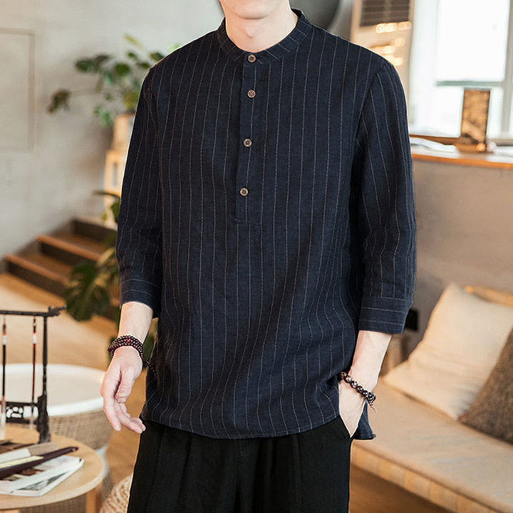 Buddha Stones Plaid Half Buttons Stand Collar Three Quarter Sleeve Linen Men's Shirt - image 6