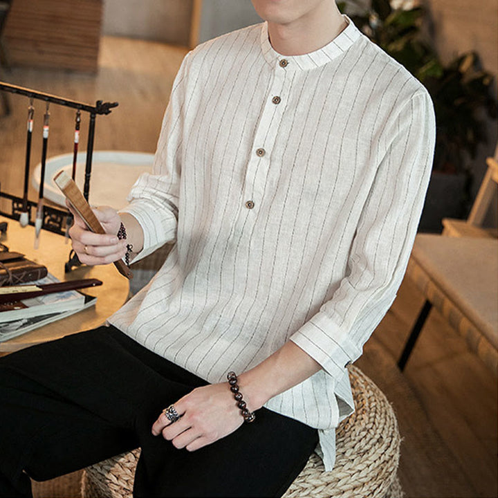 Buddha Stones Plaid Half Buttons Stand Collar Three Quarter Sleeve Linen Men's Shirt - image 16