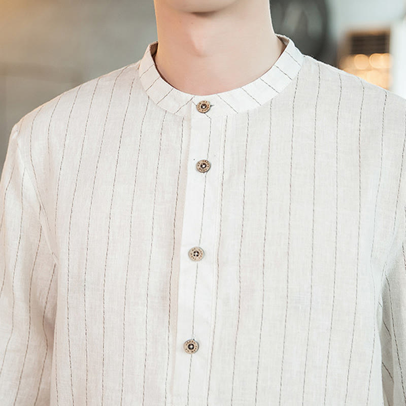 Buddha Stones Plaid Half Buttons Stand Collar Three Quarter Sleeve Linen Men's Shirt - image 18